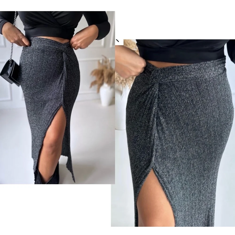 Zara black silver thread knit skirt side twist knot high slit Sz S NWOT